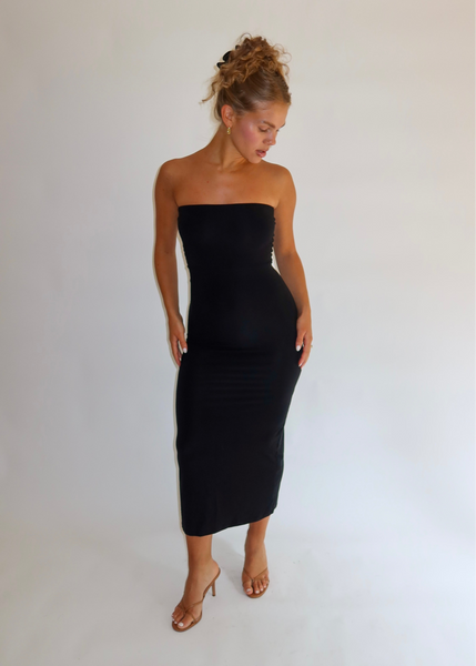 all over my body midi dress black Strapless L Split hemline A-line Silhouette Bershka off the shoulder Select Pant Waist Size:38